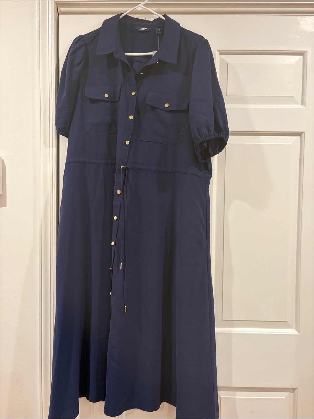 NWT lands’ end Button-Front Shirt Dress with Drawstring Waist deep sea navy